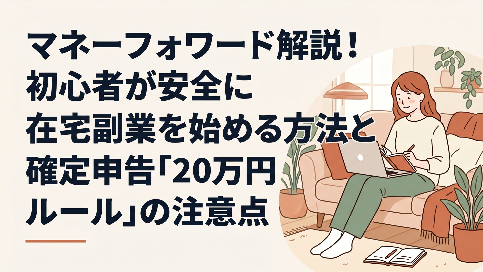 自宅のリビングでリラックスしながらノートパソコンを開き、マネーフォワードの画面を見ながら笑顔でメモをとる30代女性のイラスト