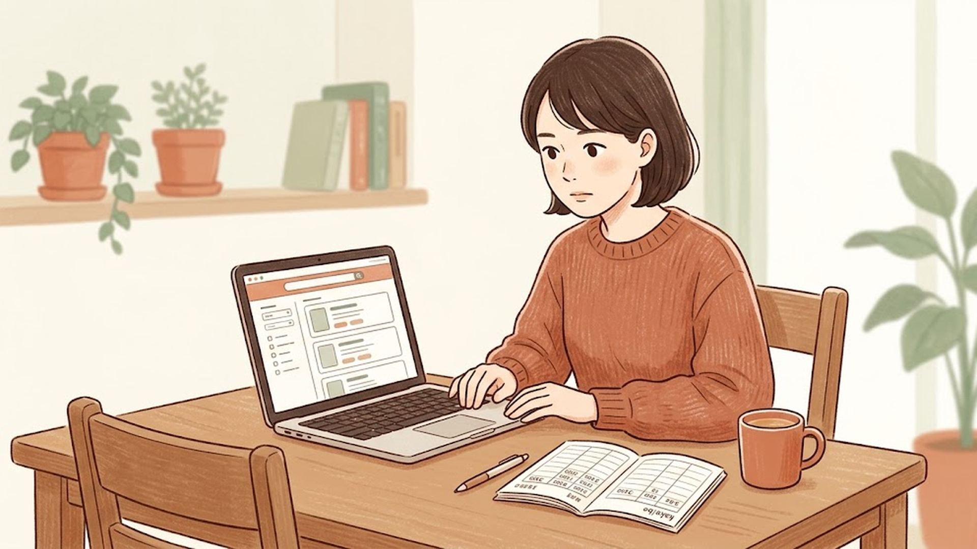 ダイニングテーブルで、家計簿とパソコンを並べて真剣な表情で求人サイトを見ている女性の姿