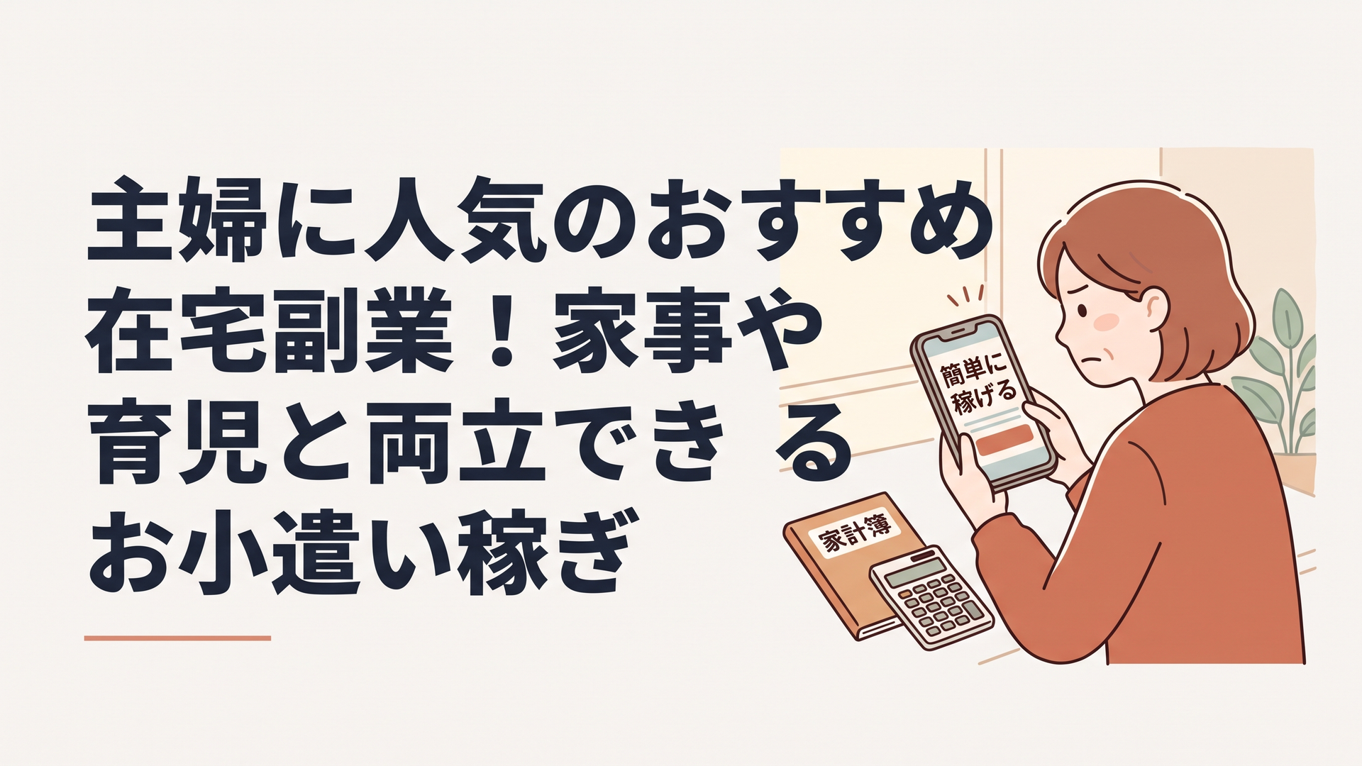 スマホの画面に映る「簡単に稼げる」という広告を険しい表情で見つめ、傍らには家計簿と電卓が置かれている主婦の姿