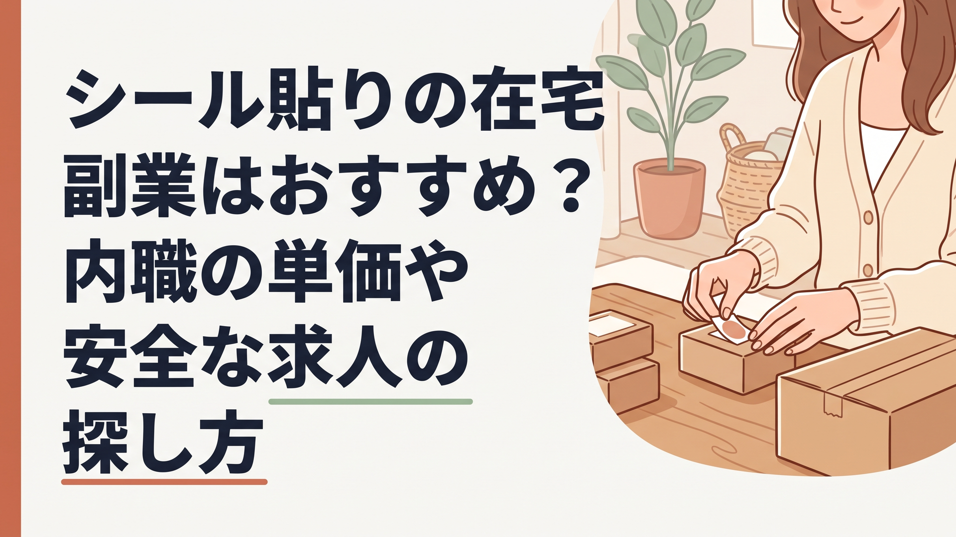 自宅のリビングで、段ボール箱から取り出した商品にシールを貼る作業を丁寧にこなしている女性の手元