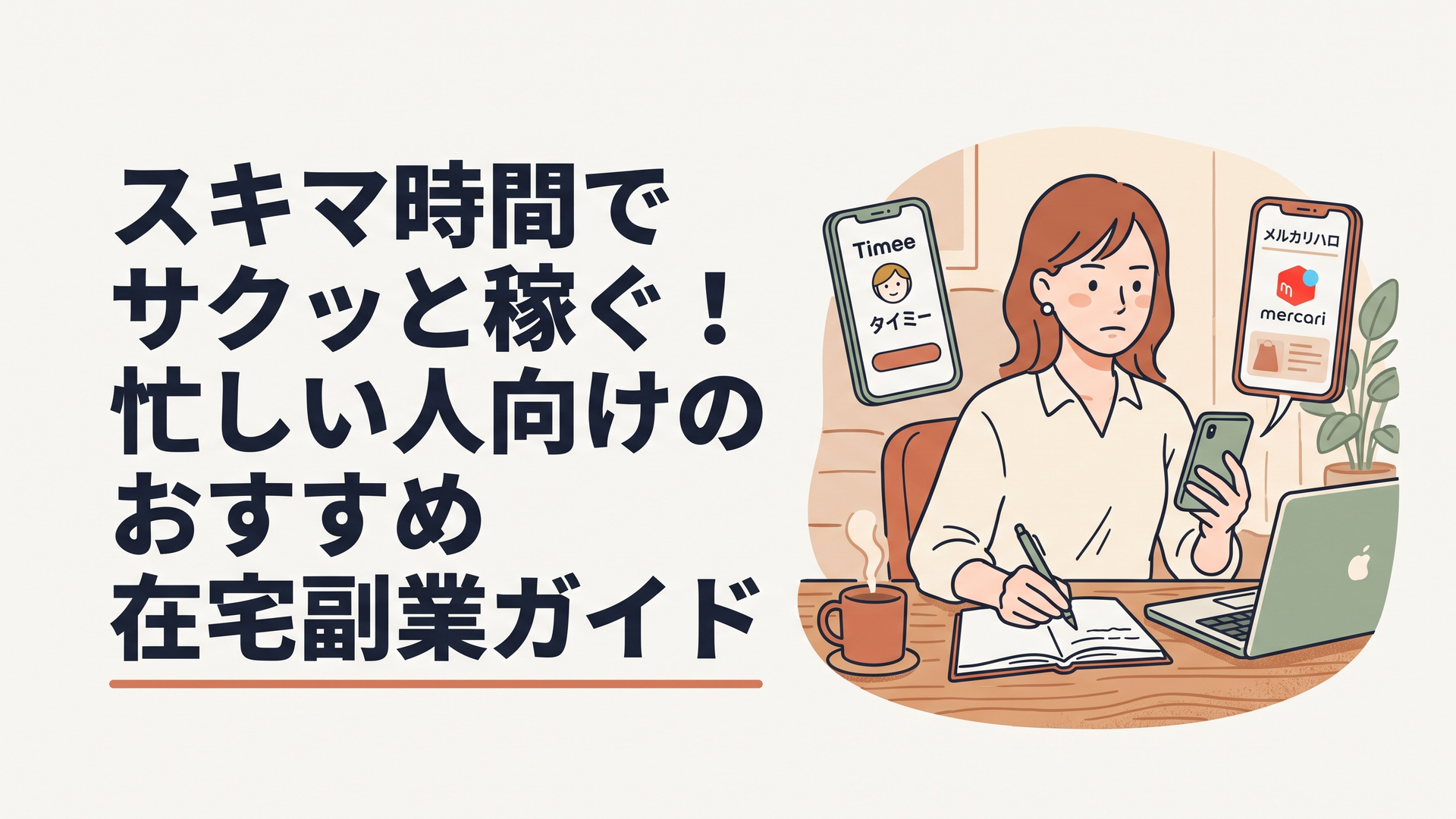 リビングのテーブルで、タイミーとメルカリハロのアプリ画面を開いたスマートフォンとノートパソコンを見比べながら、真剣にメモを取る30代女性の姿