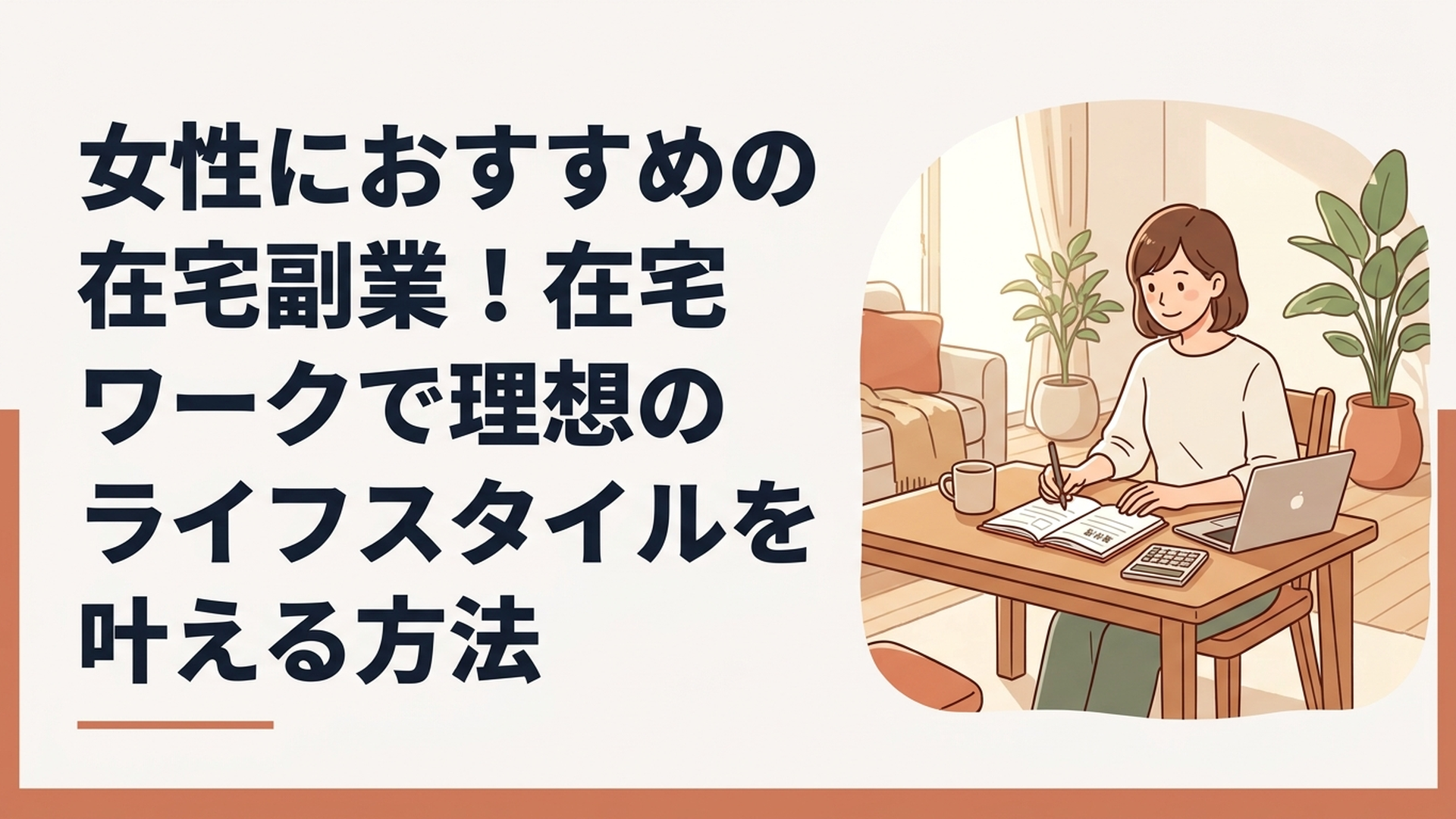 明るい日差しが差し込むリビングのテーブルで、家計簿とノートパソコンを開き、真剣かつ前向きな表情で作業をする30代女性の姿