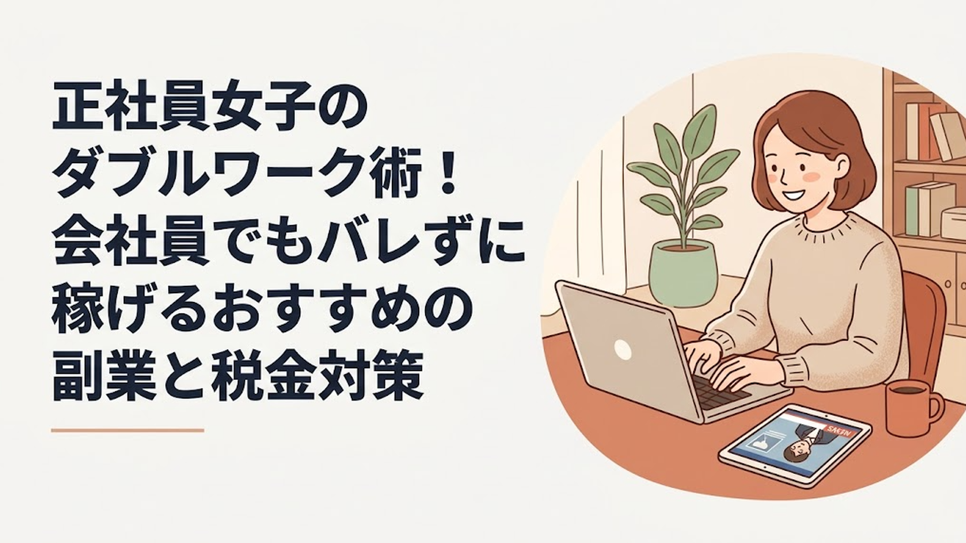 ニュース画面が映るタブレットを真剣な表情で見つめた後、ノートパソコンに向かって笑顔で作業を始める30代のオフィスワーカー女性
