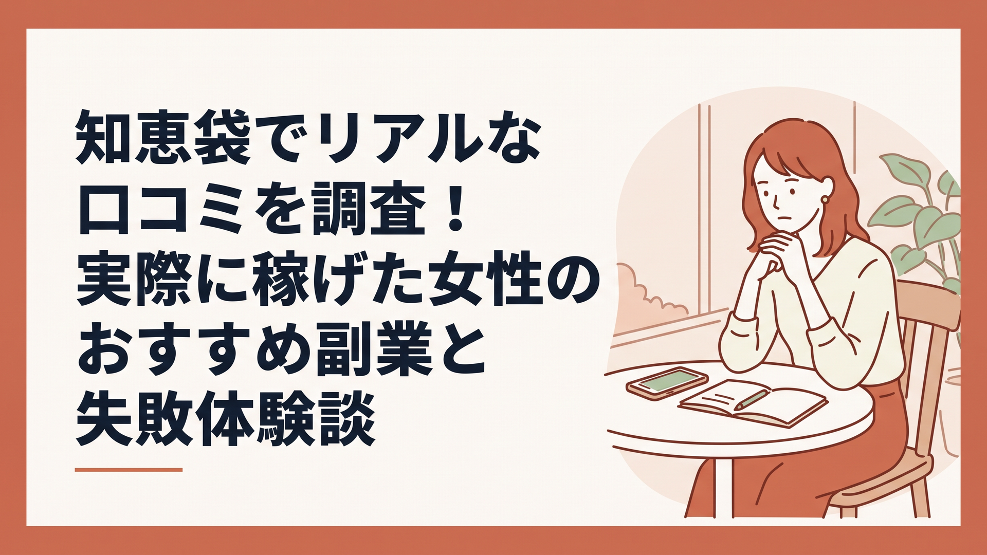 カフェのテーブルにスマホとノートを広げ、真剣に副業の情報を調べている30代女性
