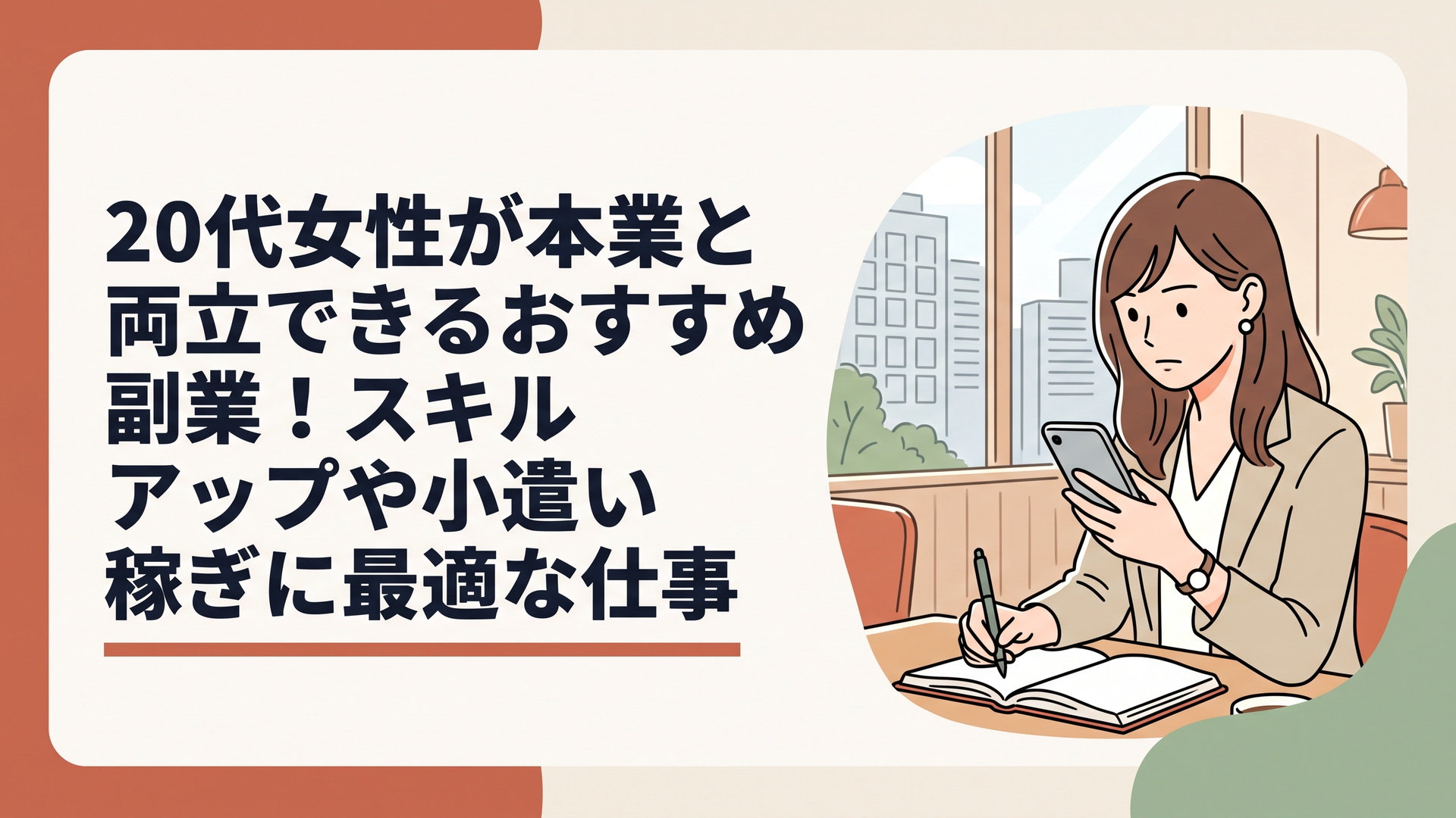 オフィス街のカフェで最新の厚生労働省の資料をスマートフォンで確認しながら、真剣な表情でこれからのキャリアプランをノートに書き留めている20代の働く女性の姿