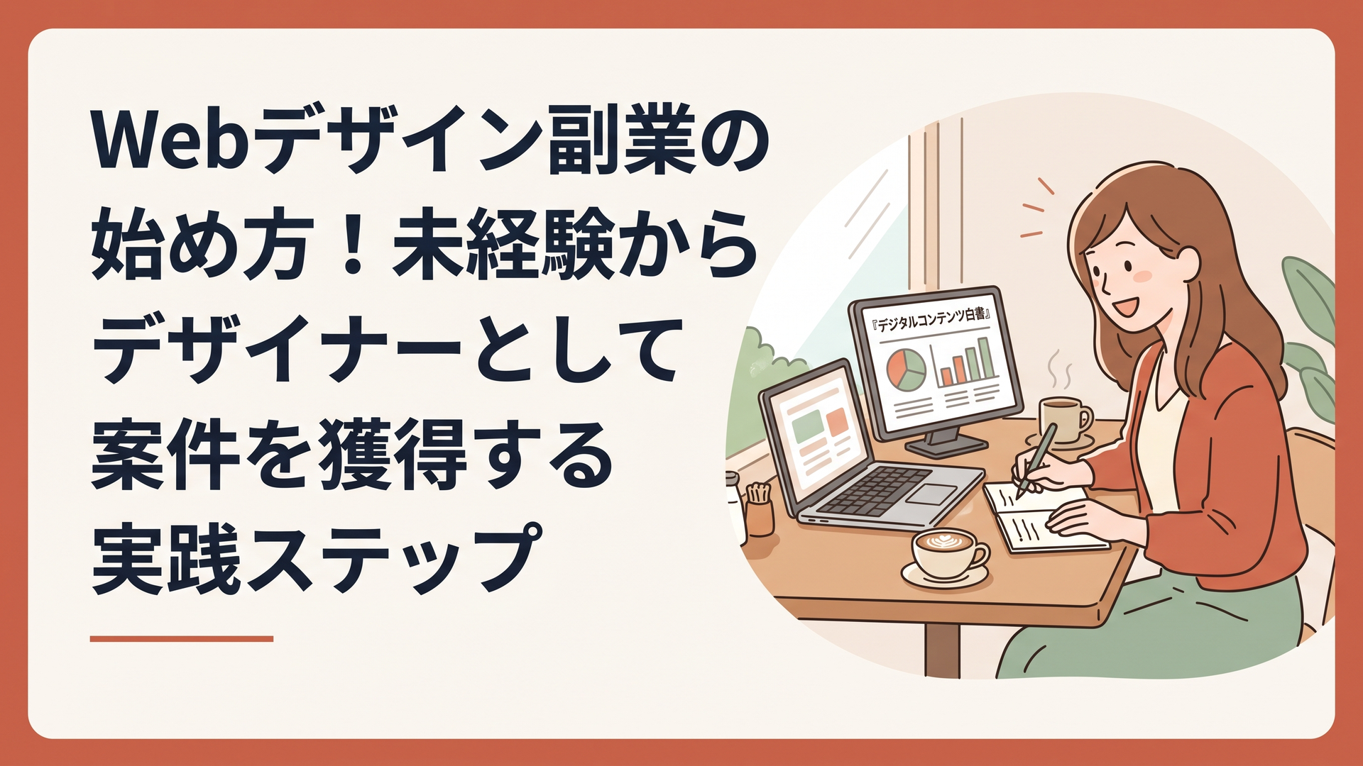 カフェのテーブルでノートパソコンと『デジタルコンテンツ白書』のデータ画面を見比べながら、真剣かつワクワクした表情でメモを取る30代女性