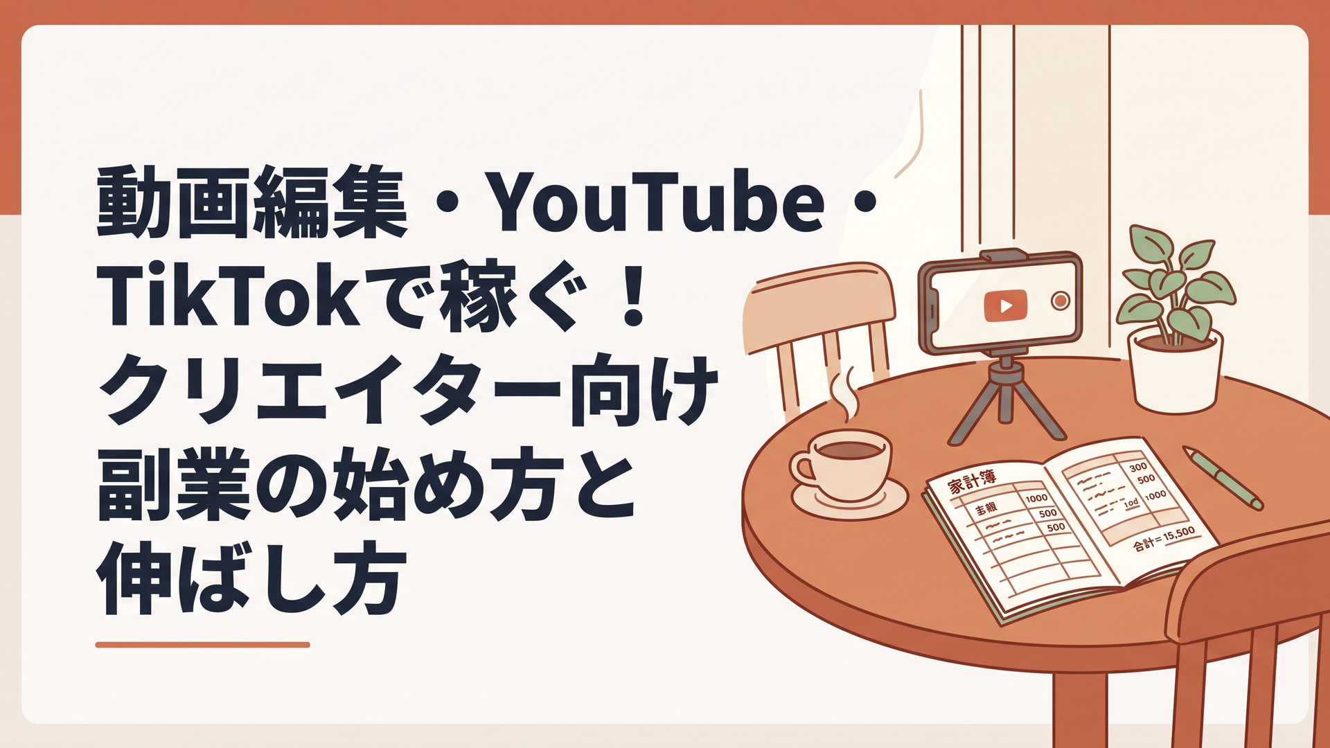 動画撮影用のスマートフォンと家計簿が置かれたカフェのテーブル