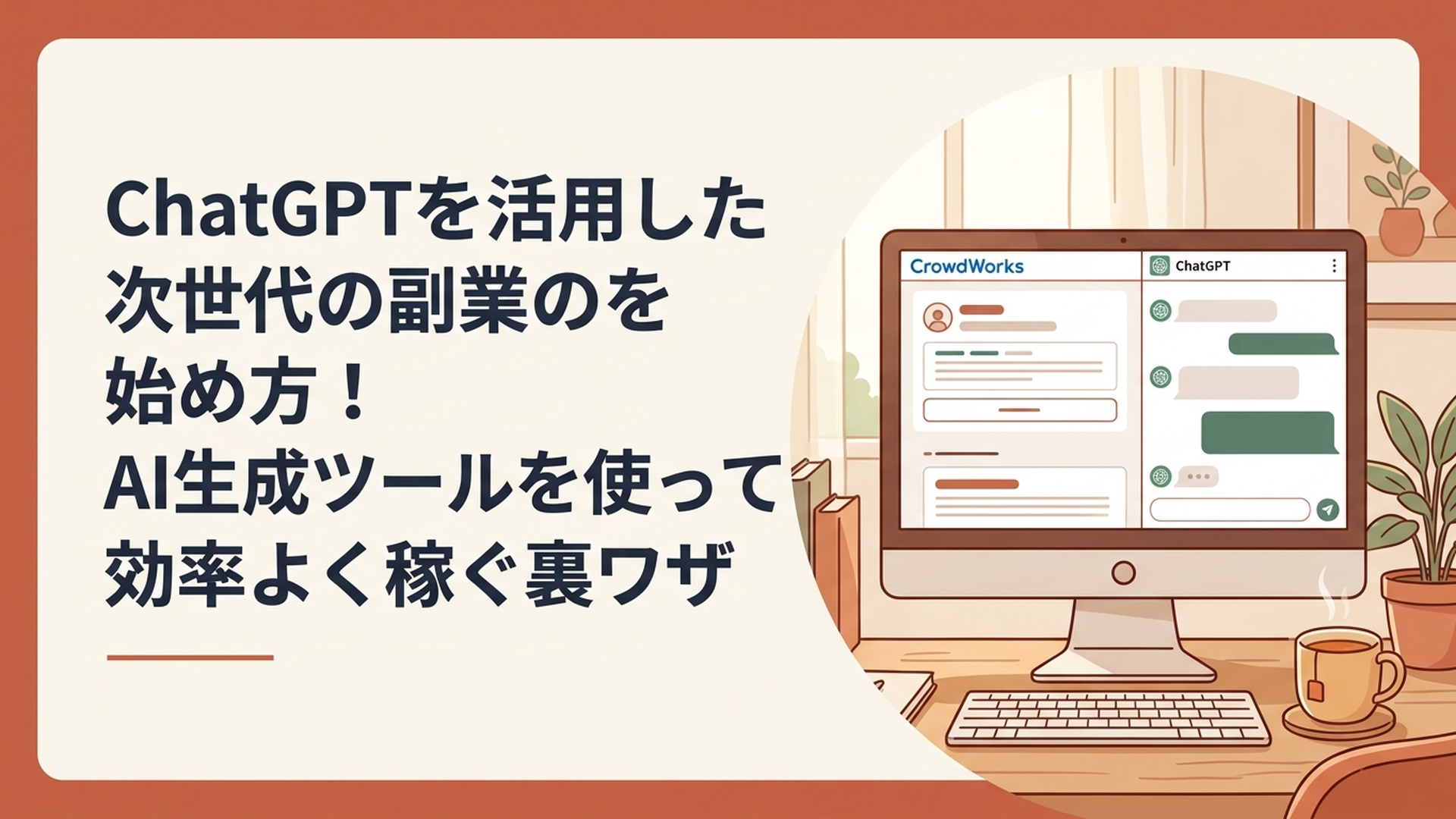 クラウドワークスの画面とChatGPTのチャット画面が並んだパソコンのモニター