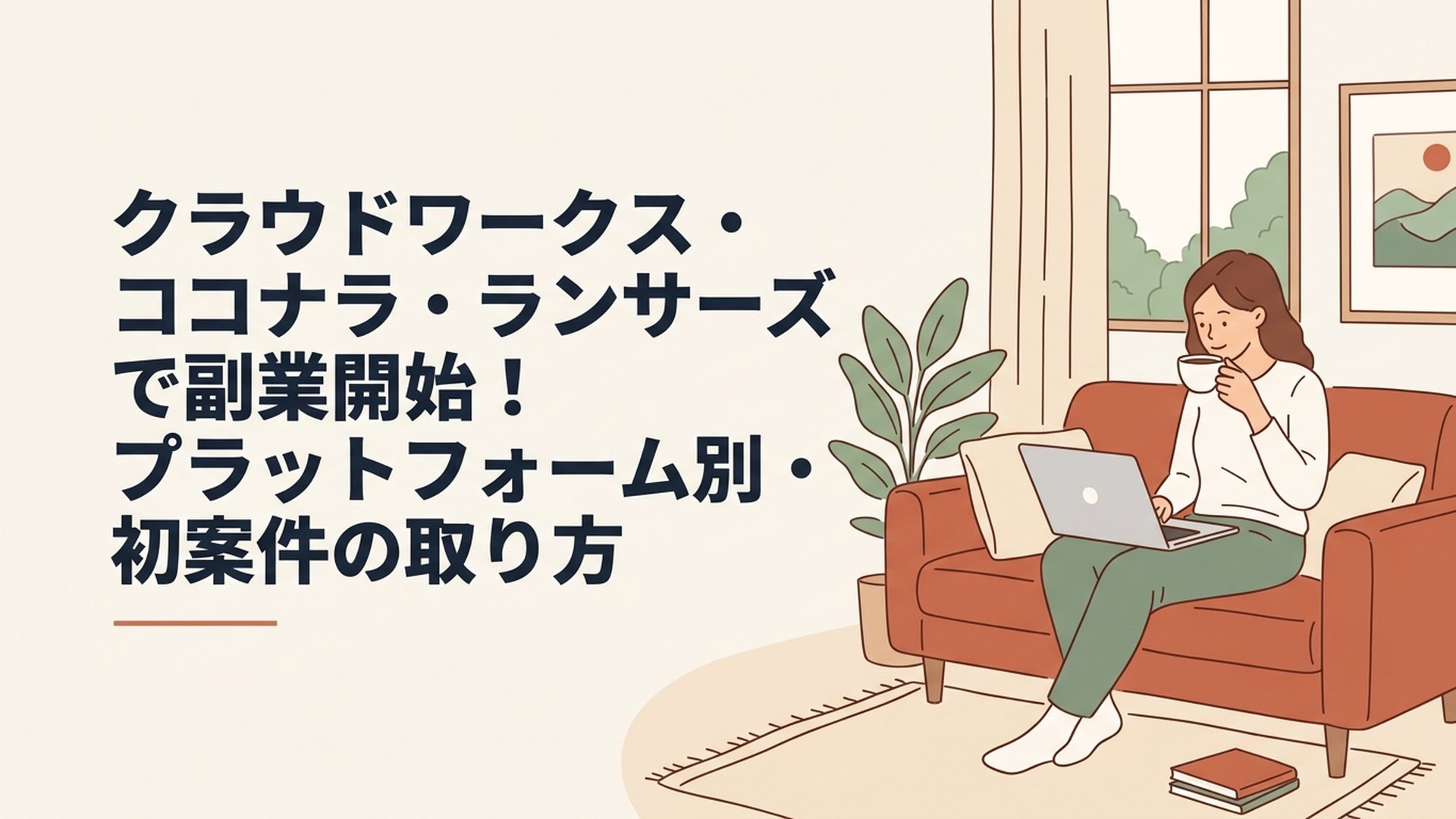 自宅のリビングでコーヒーを飲みながらノートパソコンを開き、リラックスして副業の作業をする女性の姿