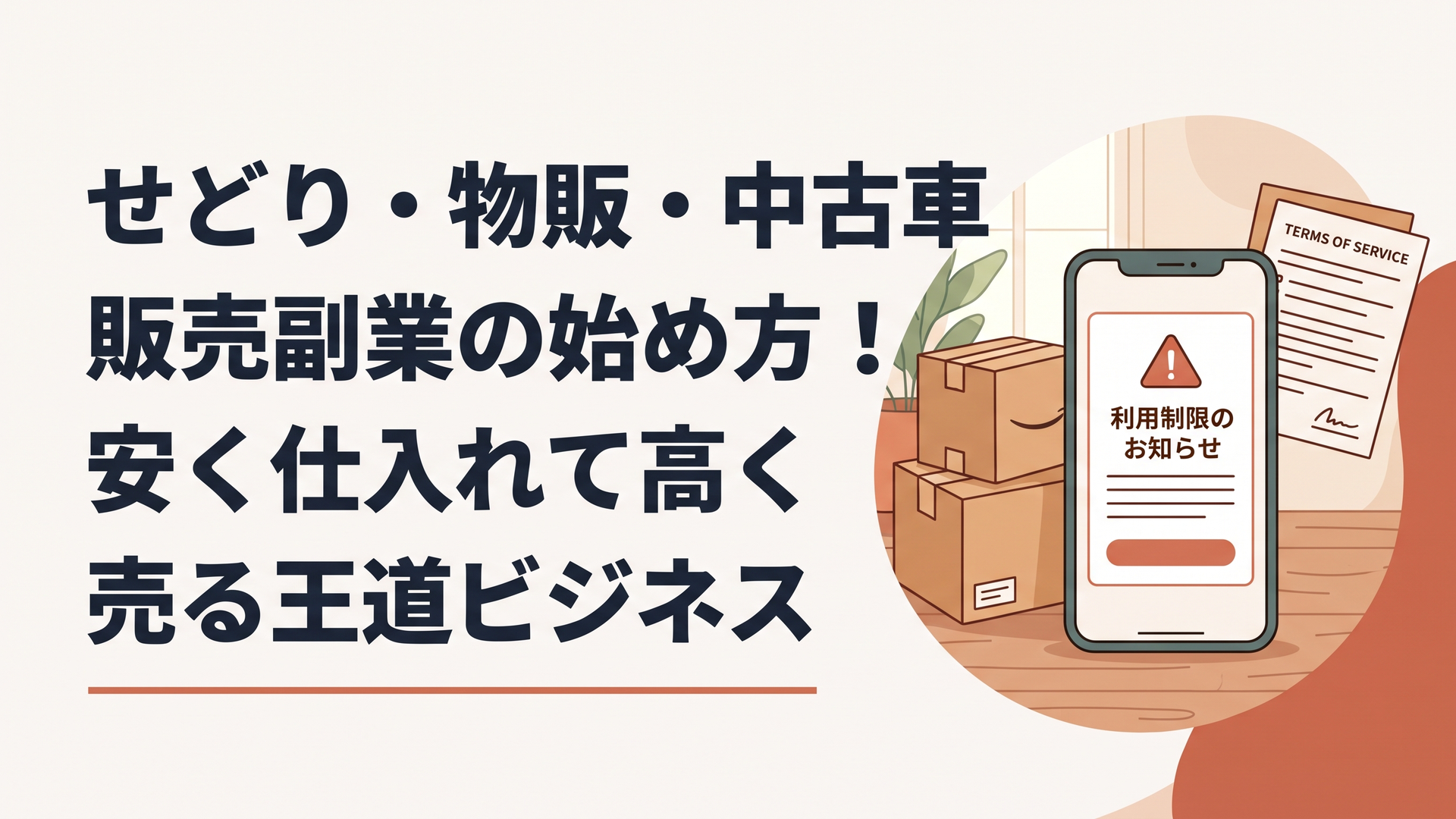 スマートフォン画面に「利用制限のお知らせ」の警告が表示され、背景にメルカリやAmazonを連想させる段ボール箱と規約書が積まれている様子