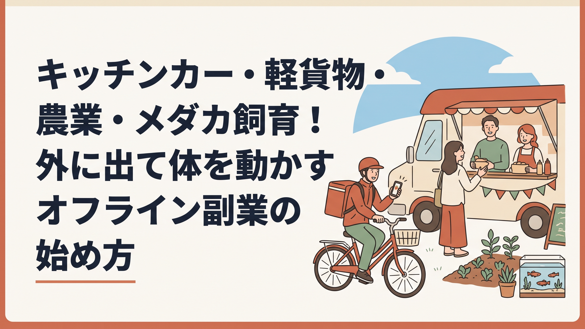 青空の下、スマートフォンで配達アプリを確認する配達員や、キッチンカーで笑顔で接客する男女など、フリーランス新法で守られながらアクティブに働く30代〜40代のイメージ