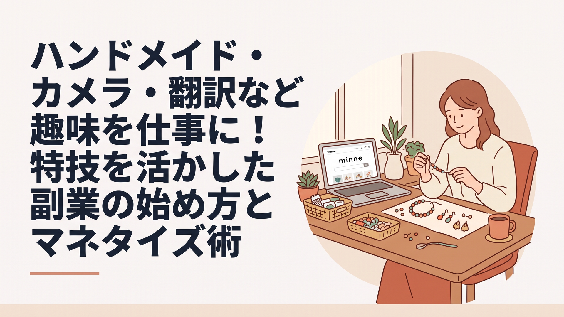 ノートパソコンでminneのサイトを開きながら、ハンドメイドのアクセサリーを制作している女性の姿