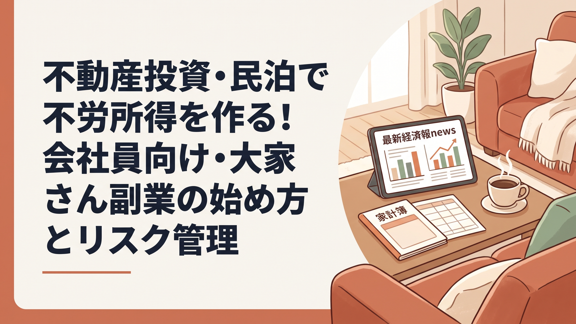 最新の経済ニュースが映るタブレットの横に、家計簿とコーヒーカップが置かれた温かみのあるリビングの風景