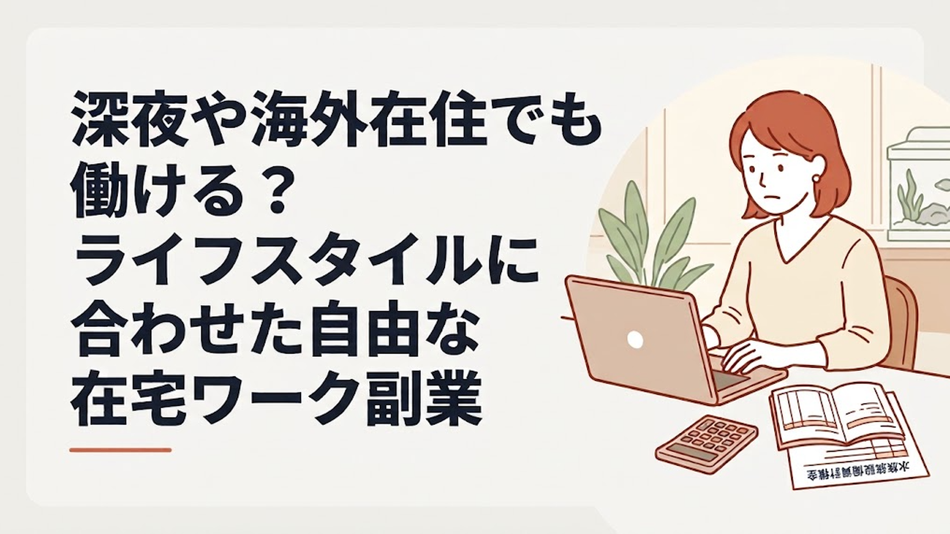 電卓と家計簿が広げられた机の上で、水槽の設備費用の見積もりを見ながら真剣な表情でパソコンに向かう30代女性の姿