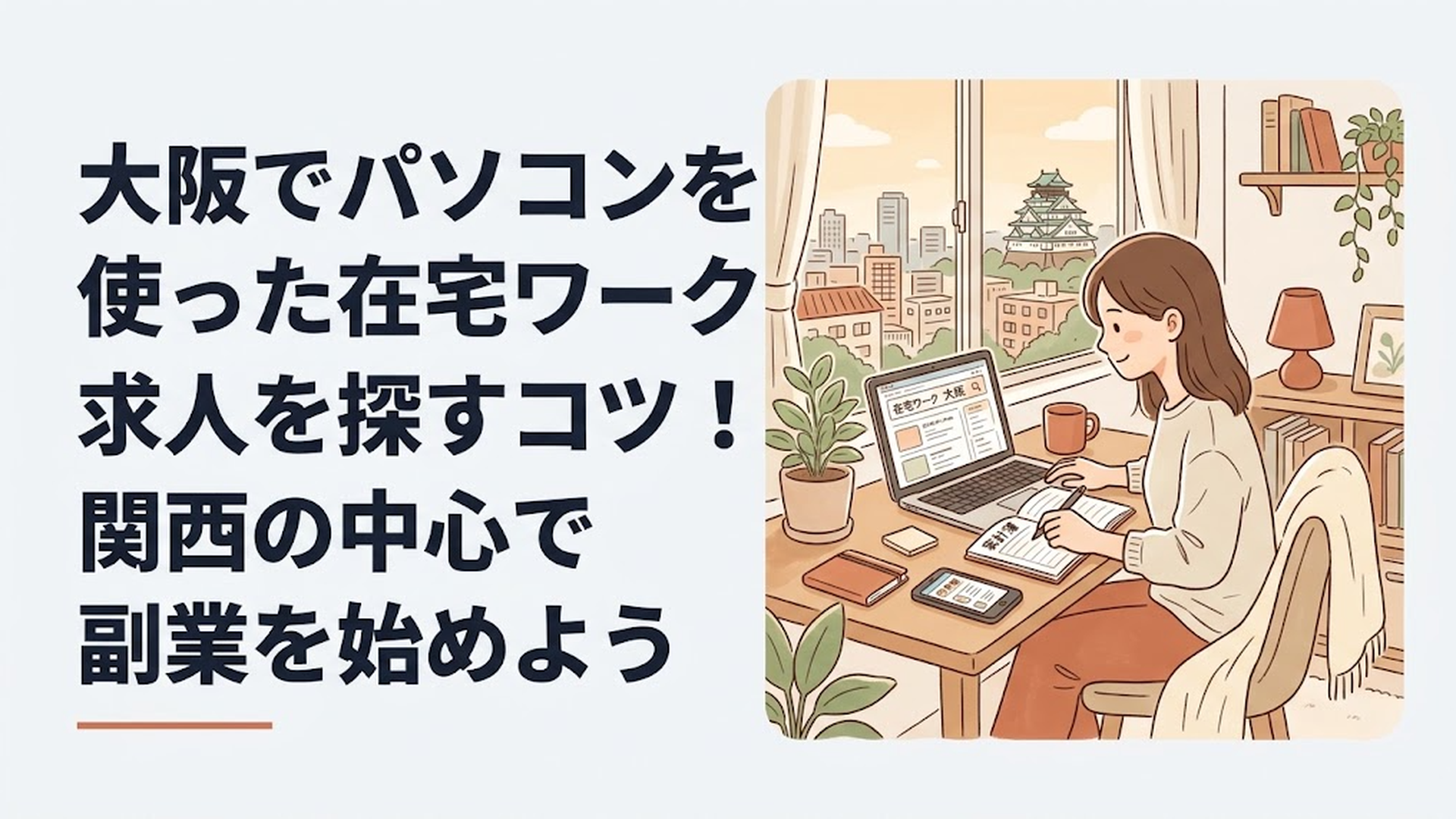 大阪の街並みを背景に自宅のデスクでノートパソコンを開いて家計簿と求人情報を見比べる30代女性