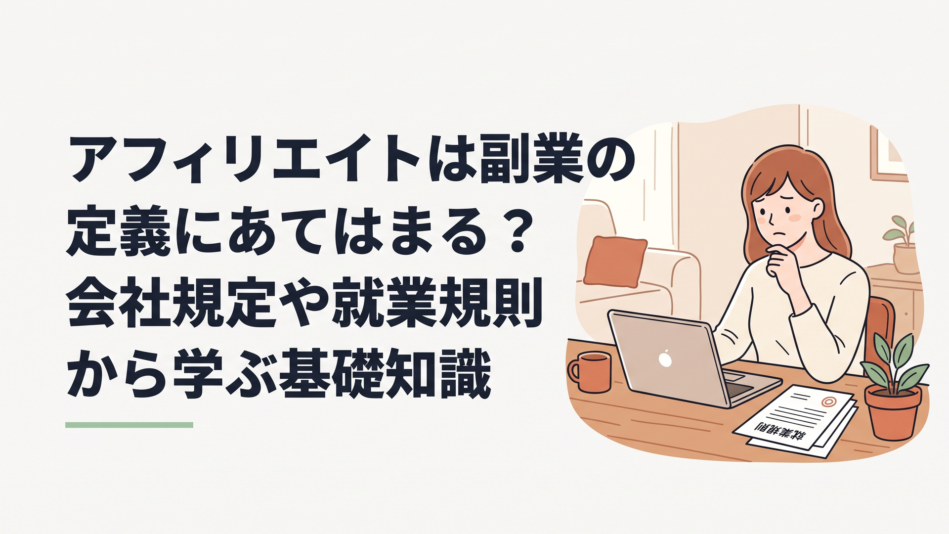 ノートパソコンを開いて就業規則の書類を確認しながら真剣に悩んでいる女性の姿