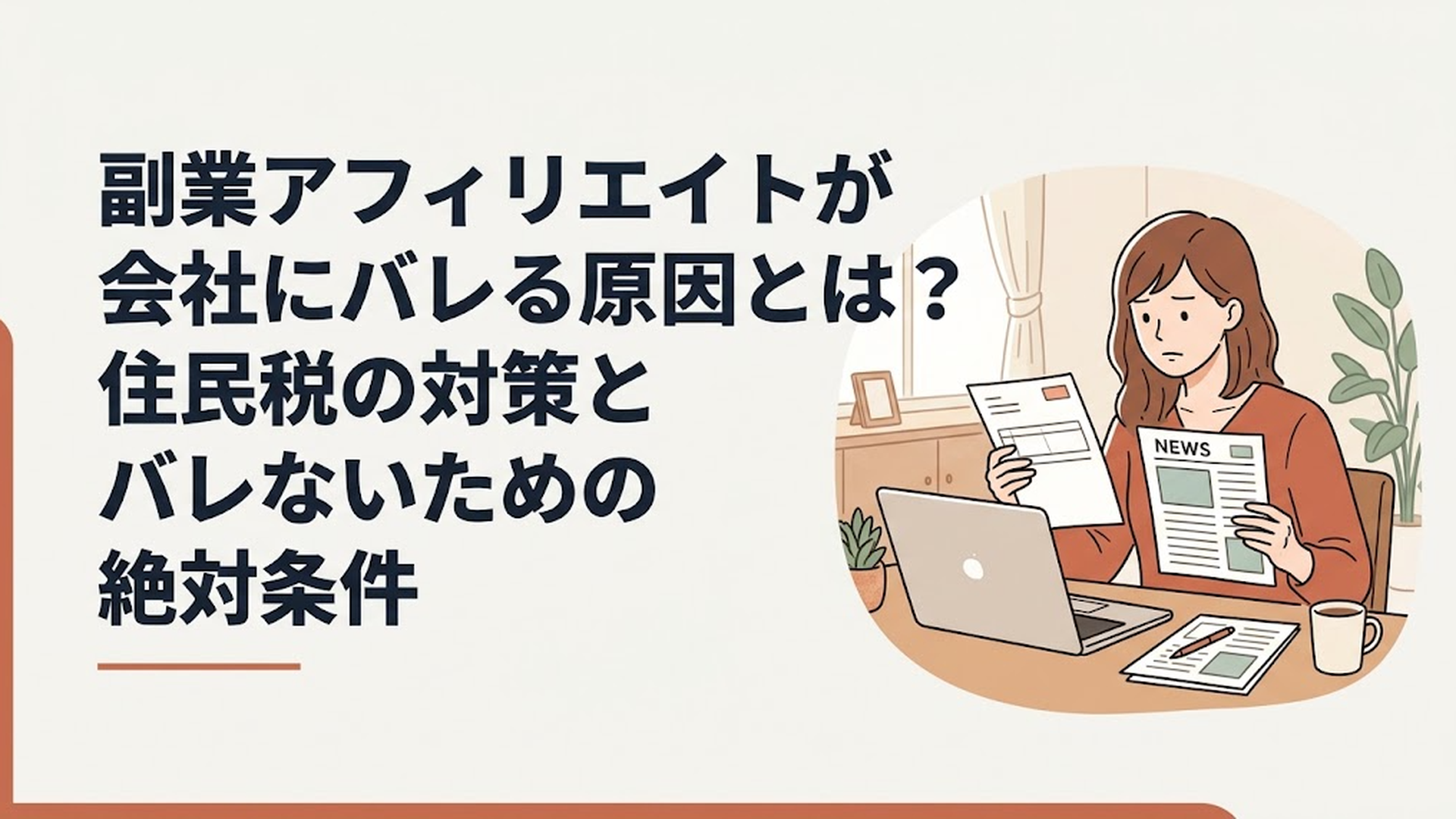 自宅のデスクでノートパソコンを開き、住民税の通知書とニュース記事を真剣な表情で見比べる30代女性