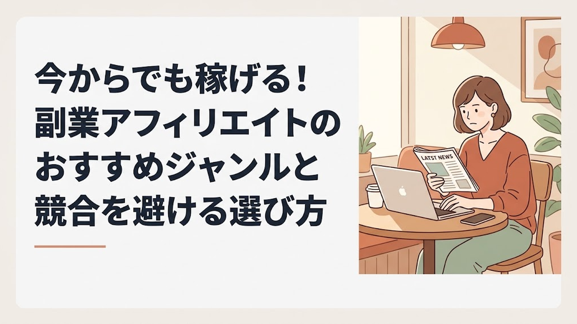 カフェのテーブルでノートパソコンを開き、最新のニュース記事を読みながら真剣な表情でブログの構成を練っている30代女性