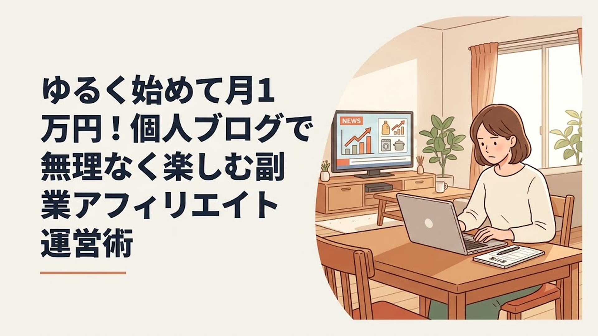 物価高のニュースが流れるテレビを背景に、ダイニングテーブルで真剣に家計簿とパソコンに向き合う30代女性の姿