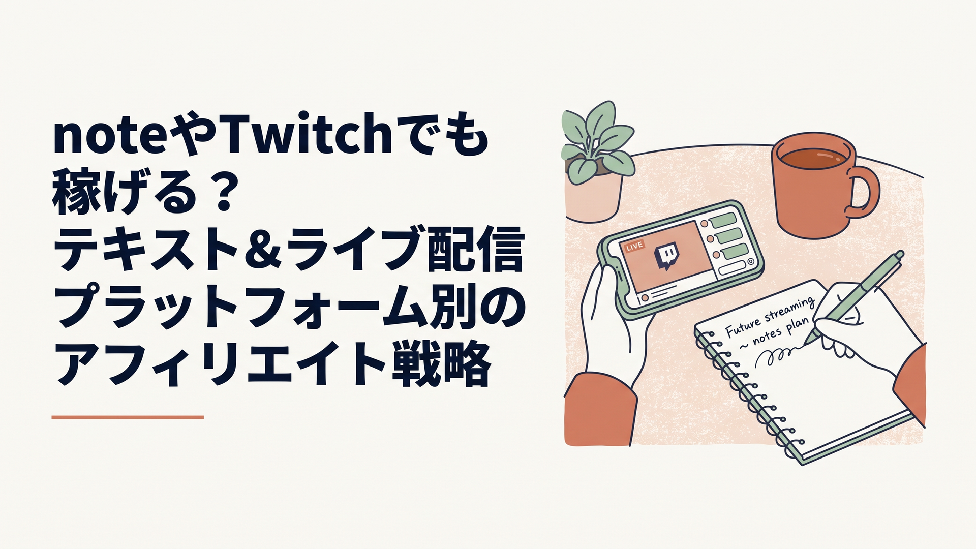 カフェのテーブルでスマートフォンを横置きにしてTwitchの配信画面を開き、ノートに今後の配信計画をメモしている30代女性の手元