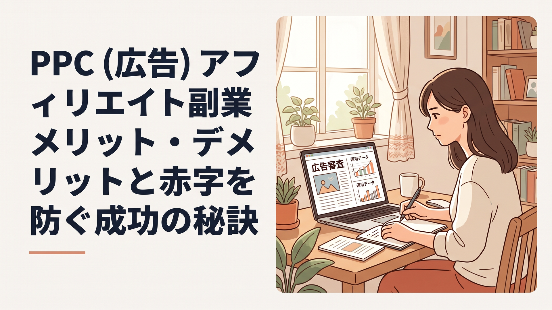 パソコンの画面で広告審査のニュースと運用データを見比べながら、真剣な表情でメモを取る30代女性