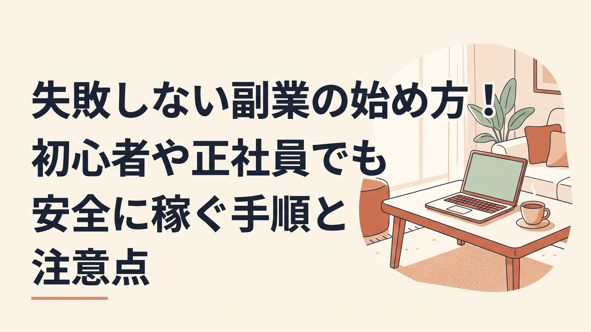 ノートパソコンとコーヒーカップが置かれた、日差しの入る明るいリビングのテーブル