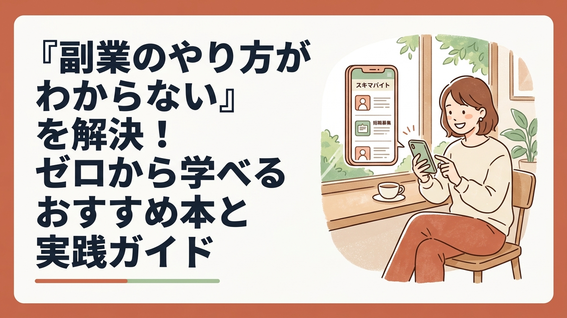カフェの窓際でスマートフォンを操作し、スキマバイトの求人情報を笑顔で確認している30代女性