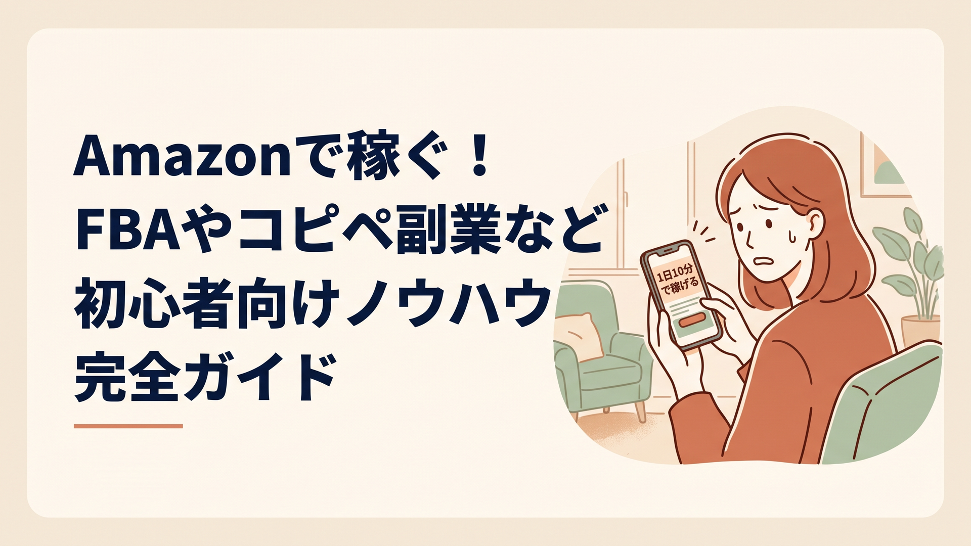 スマホ画面の「1日10分で稼げる」という怪しい広告を見て不安げな表情を浮かべる30代女性