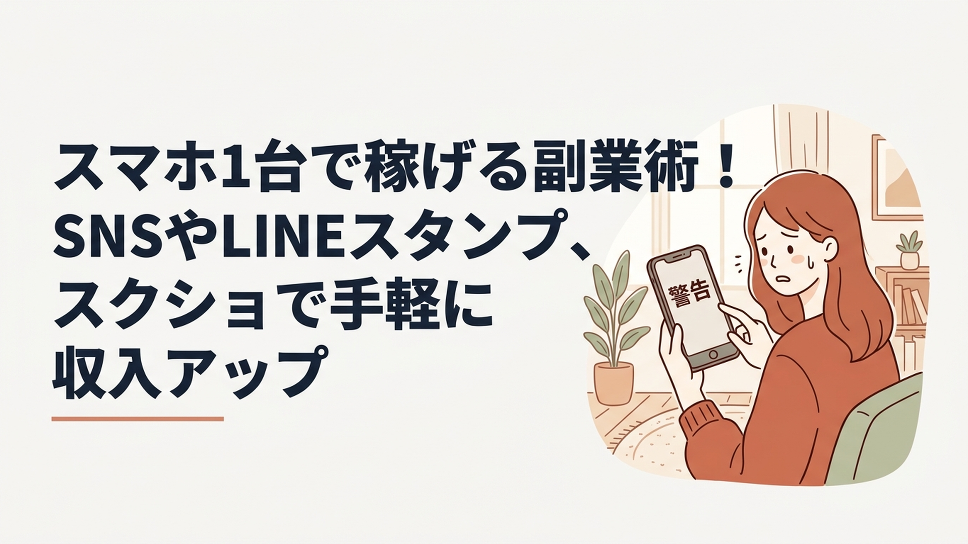 スマホ画面に表示された「警告」の文字と、不安そうにスマホを見つめる女性