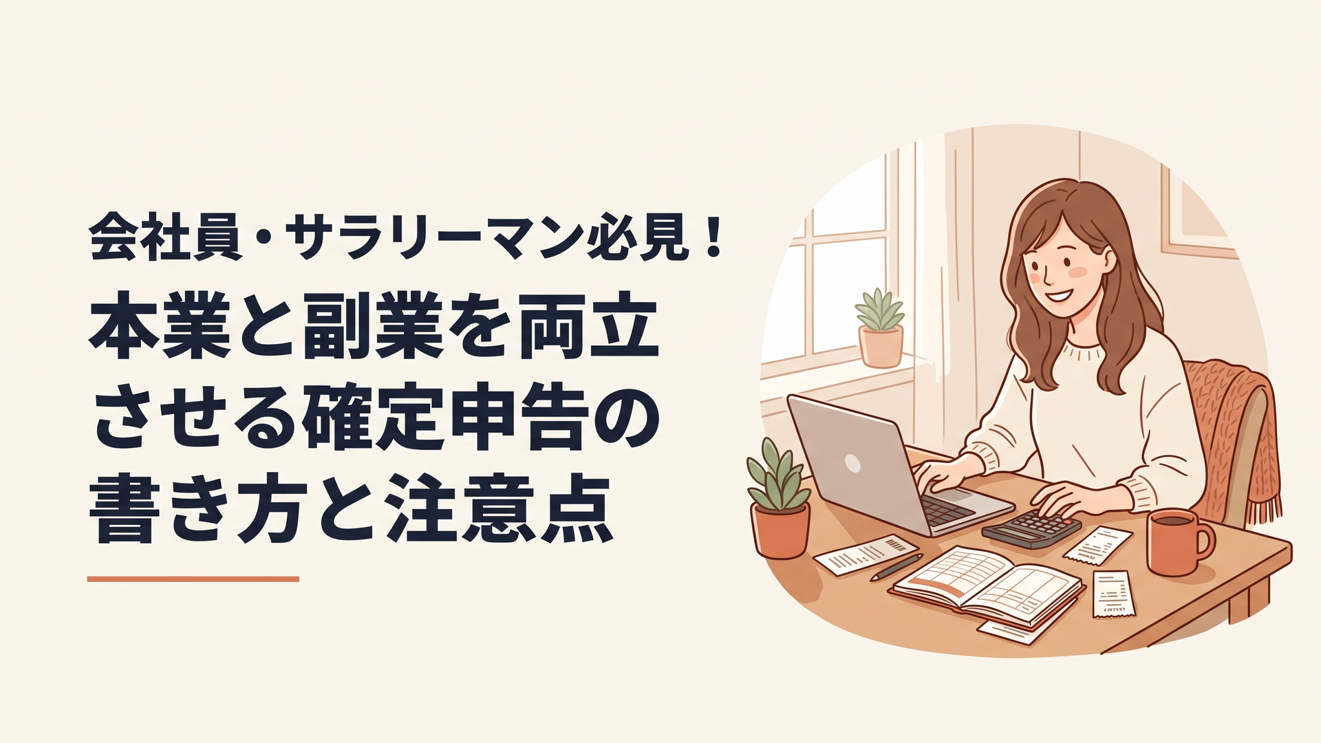 自宅のパソコンと電卓を前に、笑顔で家計簿や領収書を整理している30代女性