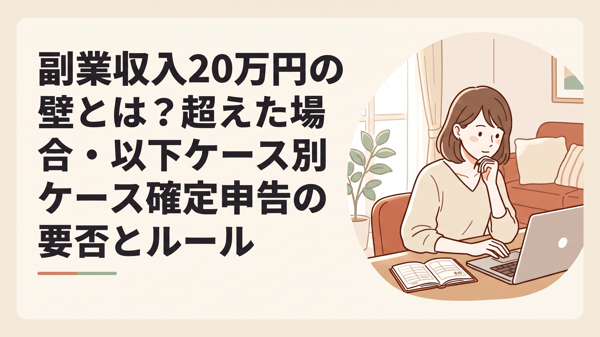 家計簿とパソコンを前に、確定申告について調べている30代女性