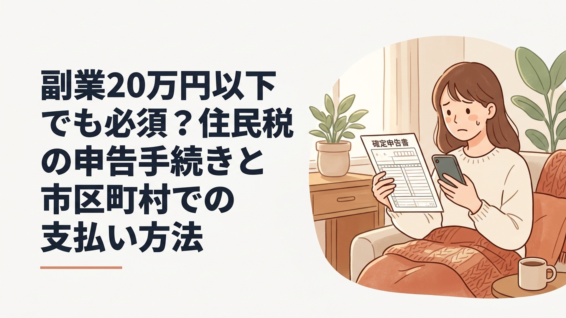 確定申告書やスマートフォンの画面を見比べながら、少し不安そうな表情で税金について調べている女性の姿