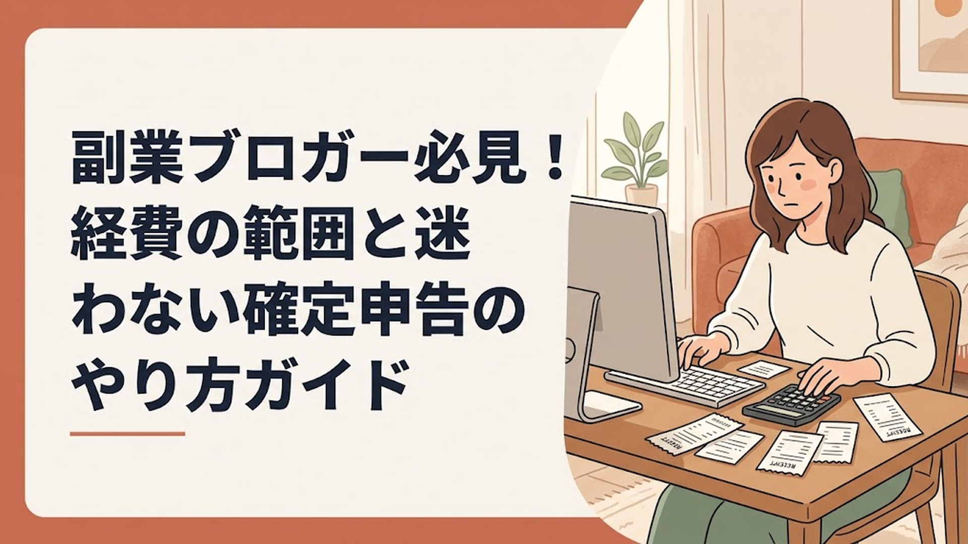 パソコンと電卓を前にして領収書を整理し、確定申告の準備をしている30代の女性の真剣な表情
