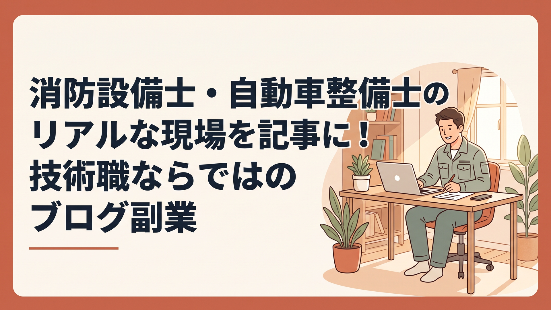 作業着姿の男性が自宅のデスクでノートパソコンを開き、笑顔でブログ記事を執筆している様子