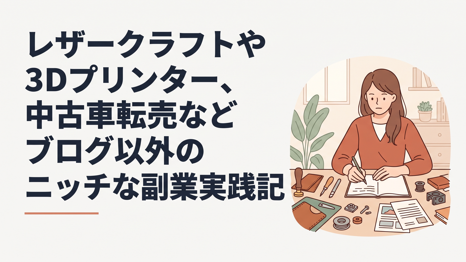 自宅のデスクで様々な副業の道具や資料を広げ、真剣な表情でノートをとる女性の手元