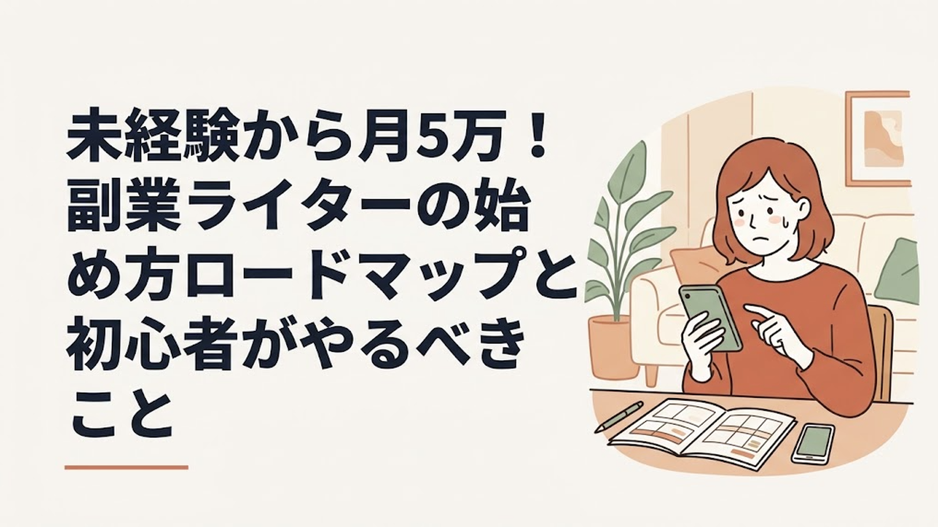 不安そうな表情でスマートフォンを見つめながら、テーブルで家計簿を広げている30代女性の姿