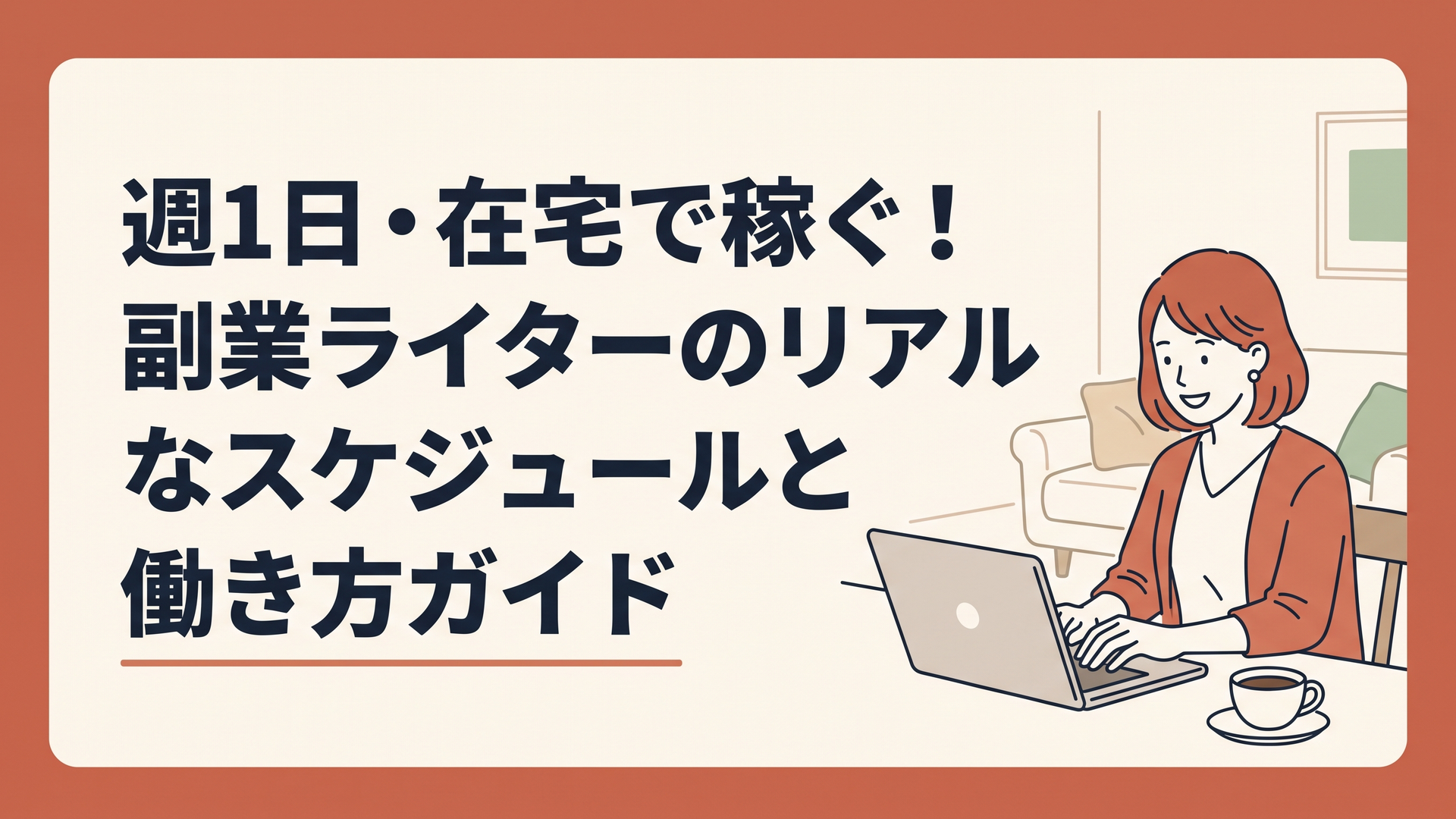 自宅のリビングでコーヒーを横に置き、ノートパソコンに向かって笑顔でタイピングする30代女性の姿
