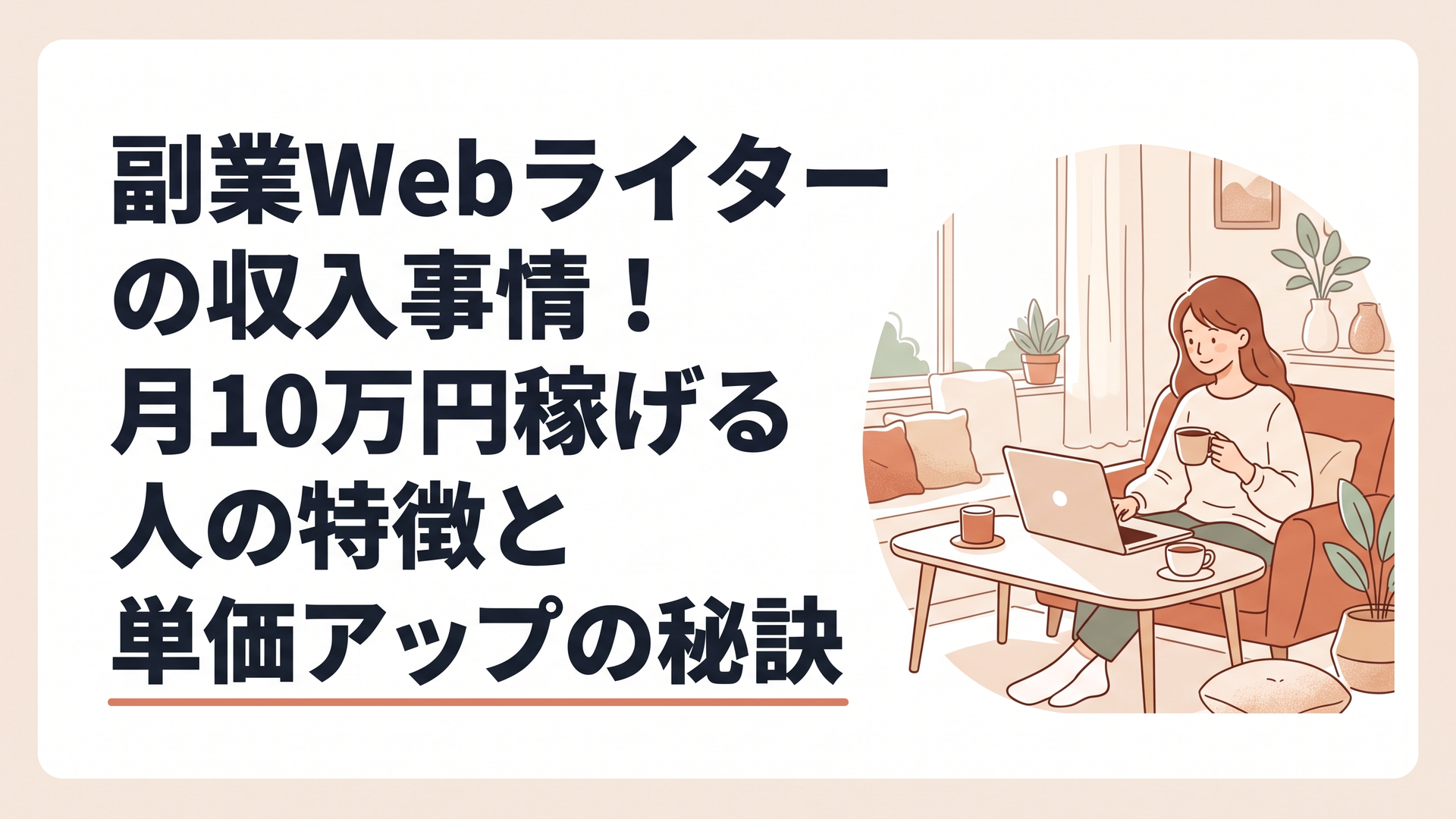 明るいリビングでコーヒーを飲みながらノートパソコンを開いて作業する女性