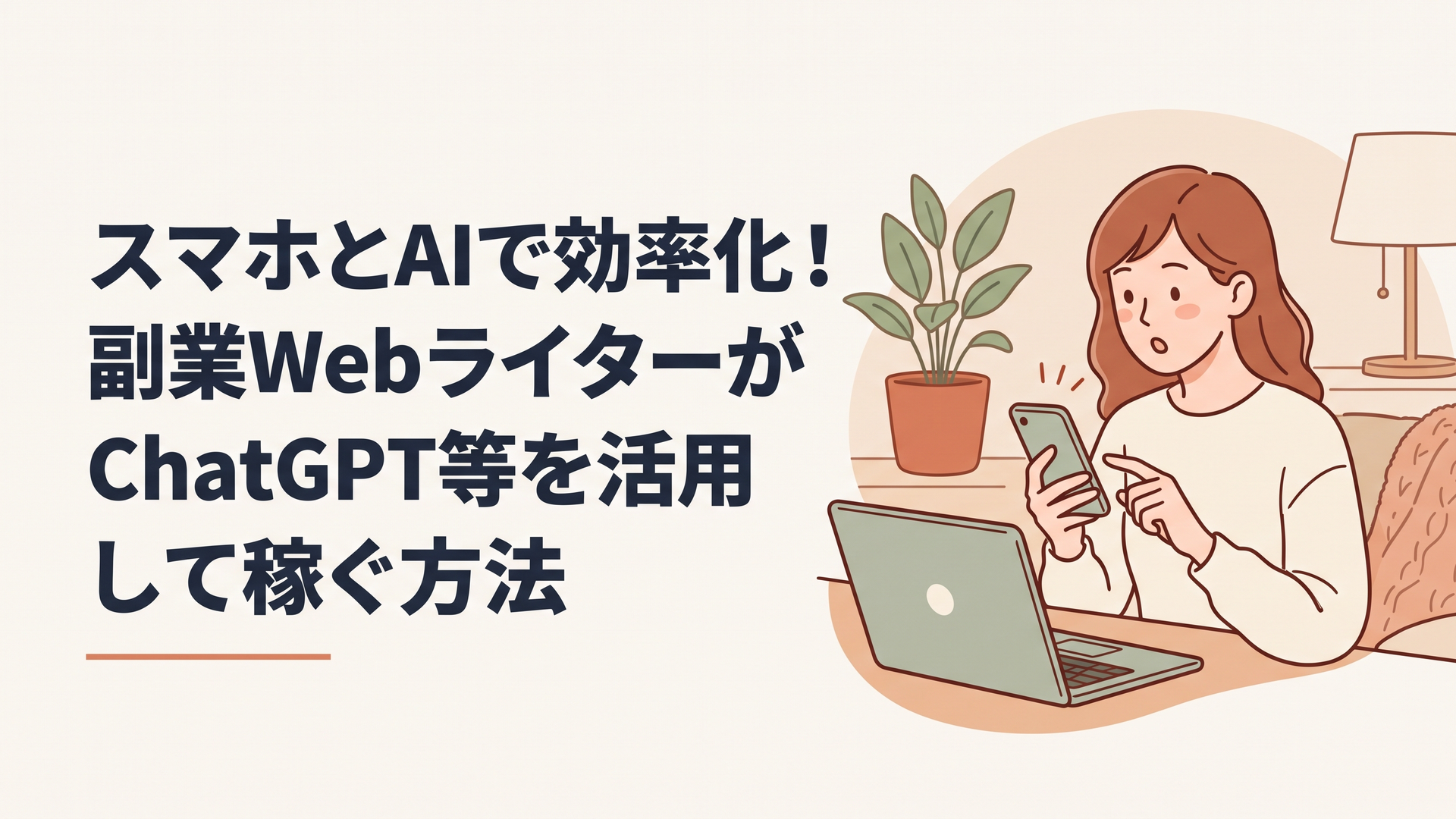 スマホとパソコンを前に、少し驚いた表情で画面を見つめる30代女性