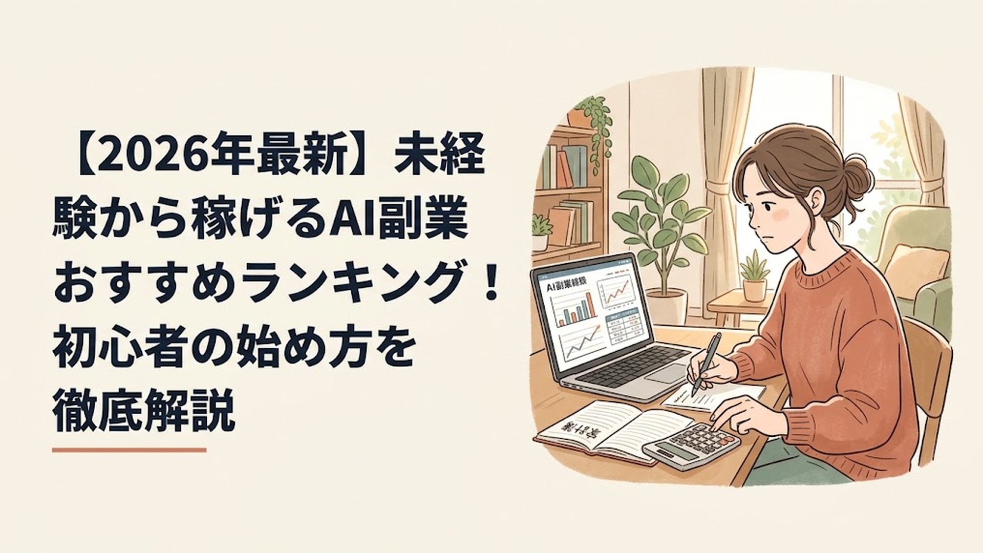 ノートパソコンと家計簿を開き、真剣な表情で副業のデータや市場動向を確認している30代女性の姿