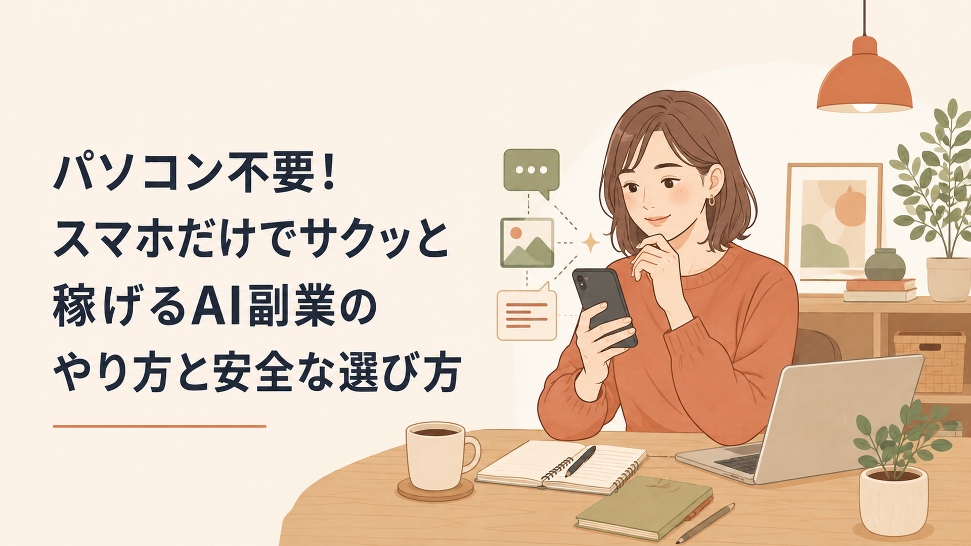 スマホで生成AIを使い文章や画像を作りながら副業を検討する30〜40代の生活者